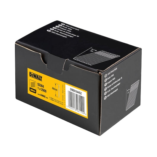 Dewalt (DNBA1644SZ) Pregos de acabamento angulares de aço inoxidável de 44 mm x 1,61 mm e calibre 16 (pacote com 2500 unidades)