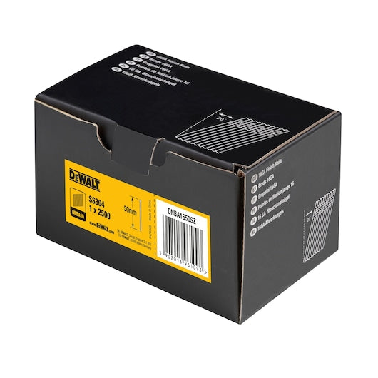 Dewalt (DNBA1650SZ) Pregos de acabamento angulares de aço inoxidável de 50 mm x 1,39 mm e calibre 16 (pacote com 2500 unidades)