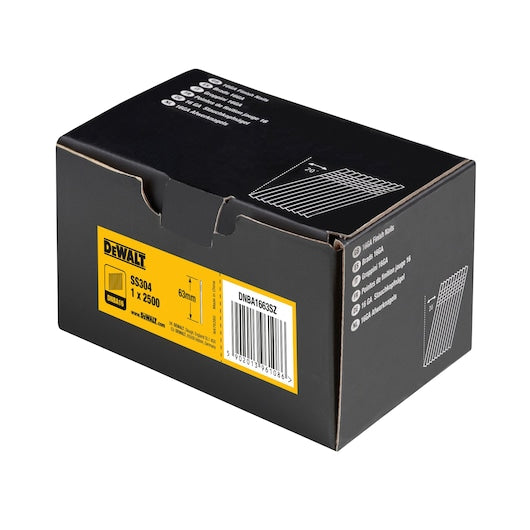 Dewalt (DNBA1663SZ) Pregos de acabamento angulares de aço inoxidável de 63 mm x 1,61 mm e calibre 16 (pacote com 2500 unidades)