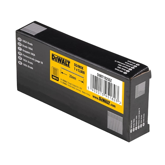 Dewalt (DNBT1825SZ) Pregos de aço inoxidável de 25 mm x 1,25 mm e calibre 18 (pacote com 5000 unidades)