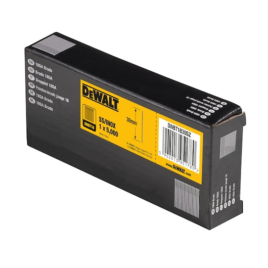 Dewalt (DNBT1830SZ) Pregos de aço inoxidável de 30 mm x 1,25 mm e calibre 18 (pacote com 5000 unidades)