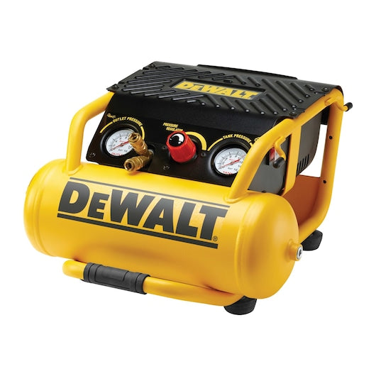 Compressor Dewalt (DPC10RC-QS) de tamanho médio com 10 litros, duas saídas e estrutura de proteção para maior segurança no local de trabalho.