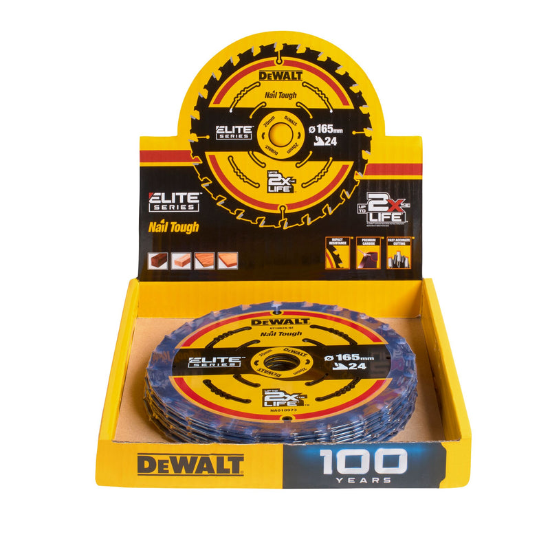 Dewalt (DT10400-QZ) ELITE SERIES 165mm x 20mm 24T Circular Saw Blade in Display Tray