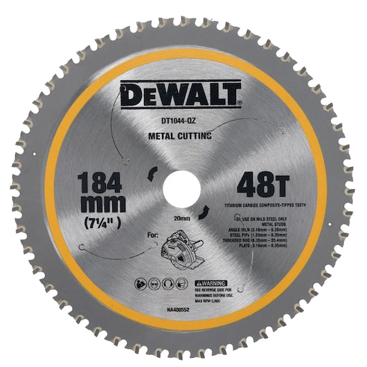Lâmina de serra circular Dewalt (DT1044-QZ) 184 mm x 20 mm x 48 dentes para corte de metal em aço macio, compatível com a serra DCS383.