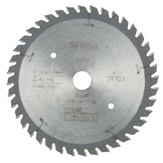 Hoja de sierra circular de taller Dewalt (DT1091-QZ) EXTREME® de 165 mm x 20 mm y 40 dientes