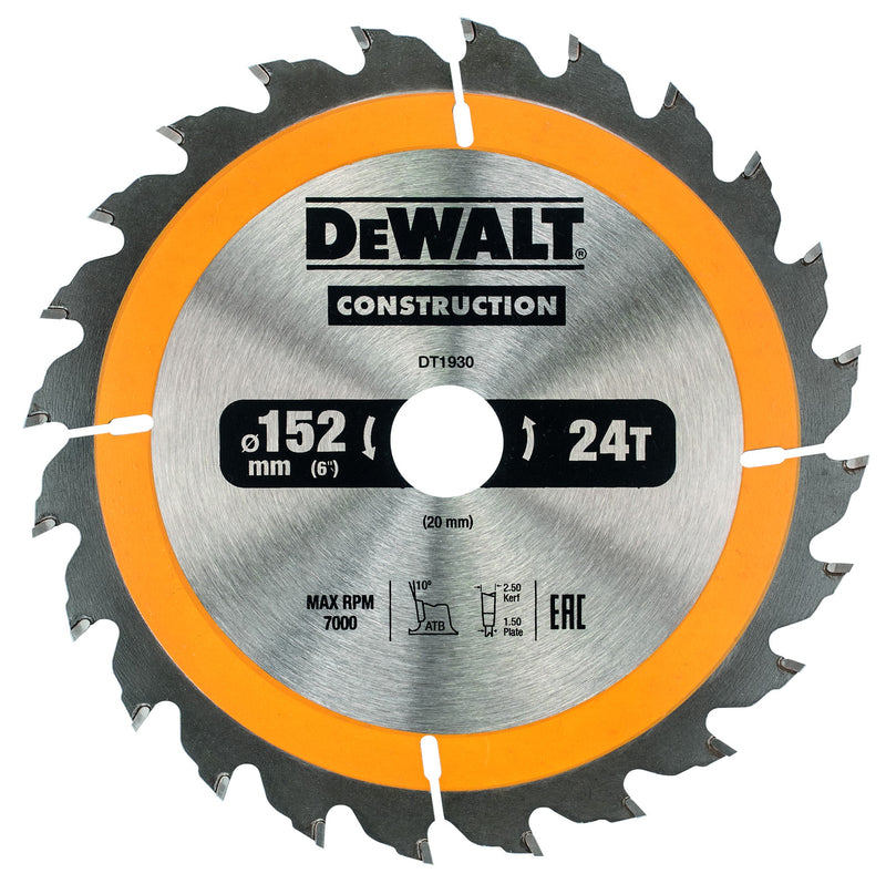 Hoja de sierra circular Dewalt (DT1930-QZ) de 152 mm x 20 mm y 24 dientes