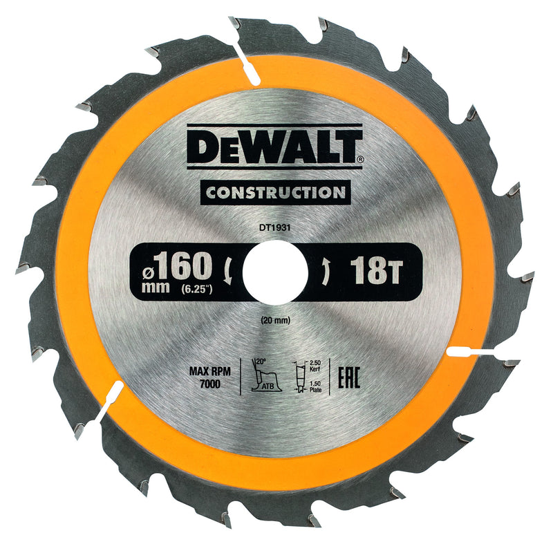 Hoja de sierra circular de construcción Dewalt (DT1931-QZ) de 160 mm x 20 mm y 18 dientes
