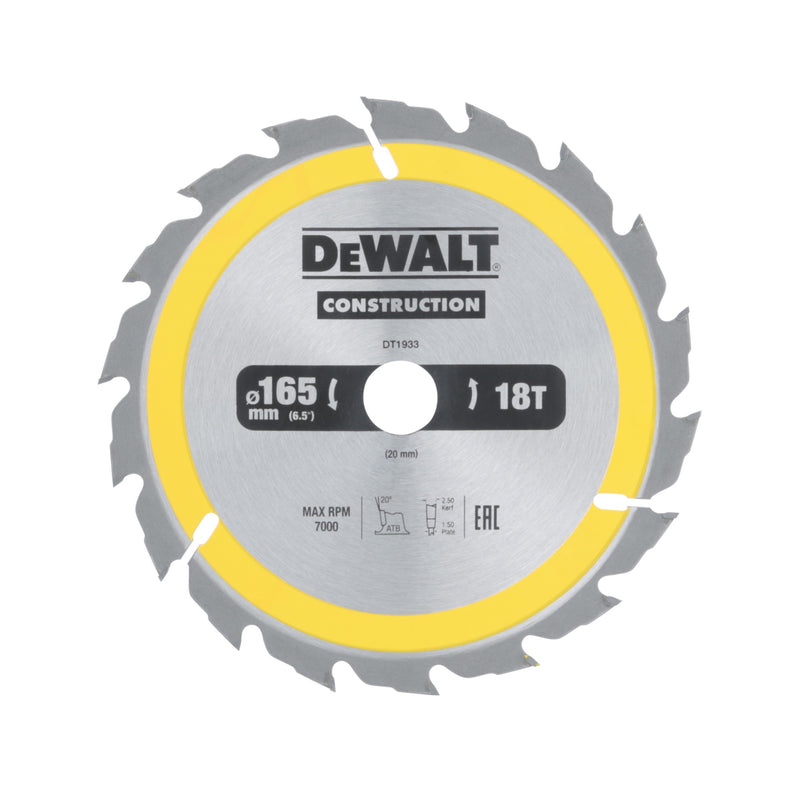 Hoja de sierra circular Dewalt (DT1933-QZ) de 165 mm x 20 mm y 18 dientes