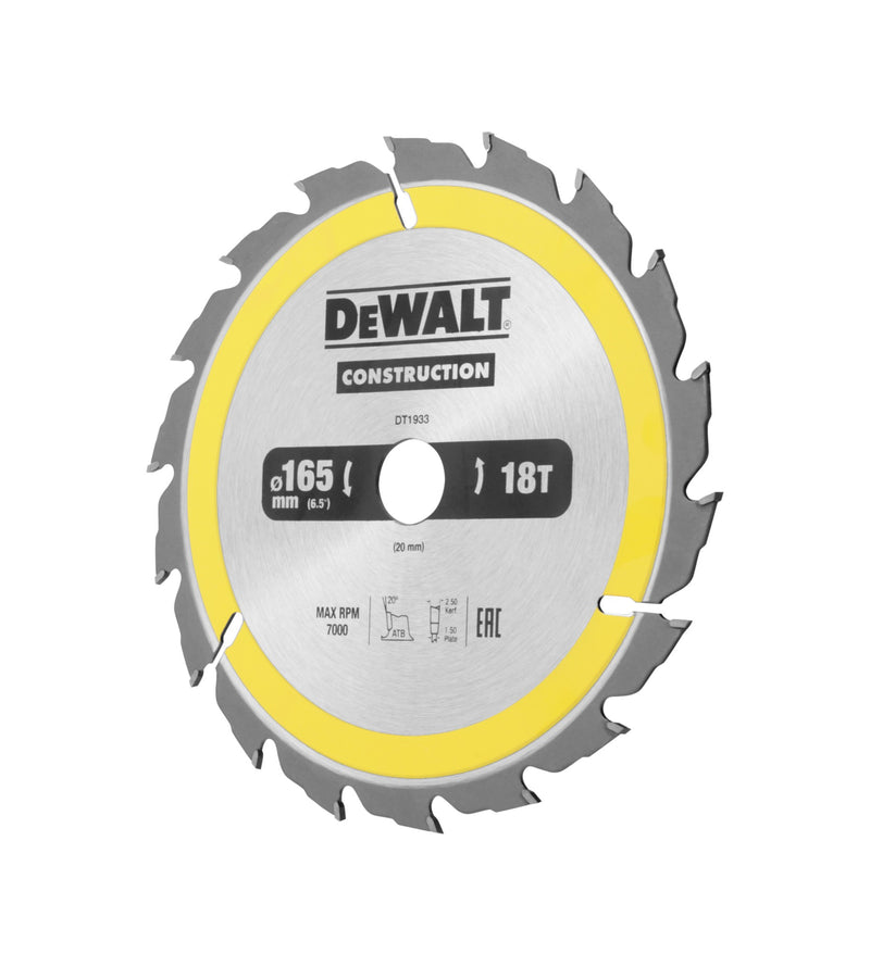 Hoja de sierra circular Dewalt (DT1933-QZ) de 165 mm x 20 mm y 18 dientes