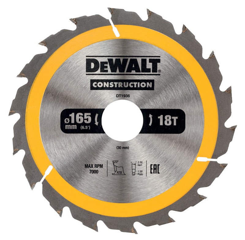 Hoja de sierra circular Dewalt (DT1936-QZ) de 165 mm x 30 mm y 18 dientes
