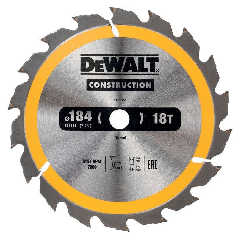 Hoja de sierra circular de construcción Dewalt (DT1938-QZ) de 184 mm x 16 mm y 18 dientes