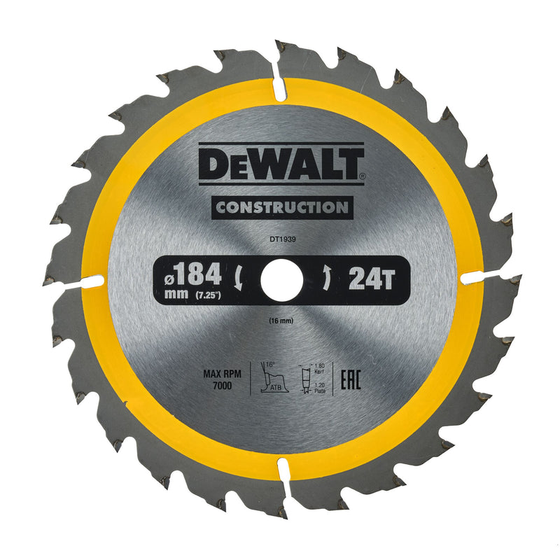 Hoja de sierra circular Dewalt (DT1939-QZ) de 184 mm x 16 mm y 24 dientes