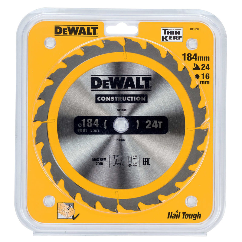 Hoja de sierra circular Dewalt (DT1939-QZ) de 184 mm x 16 mm y 24 dientes