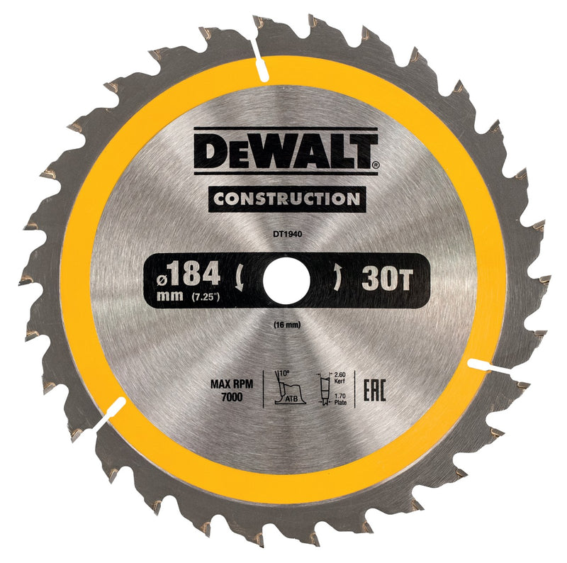 Hoja de sierra circular de construcción Dewalt (DT1940-QZ) de 184 mm x 16 mm y 30 dientes