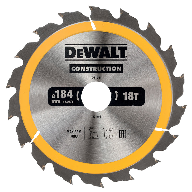 Hoja de sierra circular Dewalt (DT1941-QZ) de 184 mm x 30 mm y 18 dientes