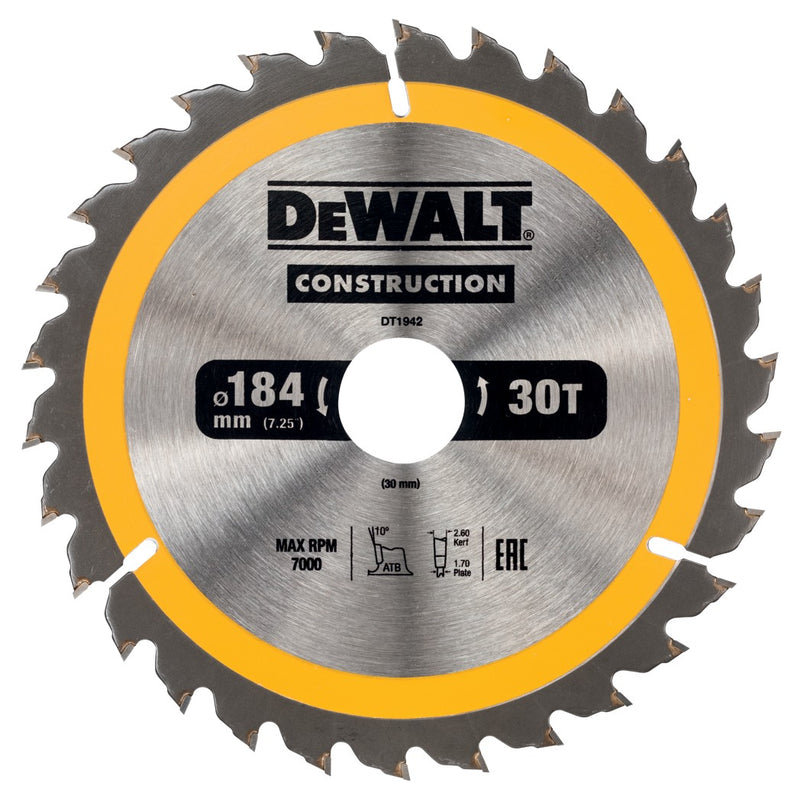 Hoja de sierra circular Dewalt (DT1942-QZ) de 184 mm x 30 mm y 30 dientes