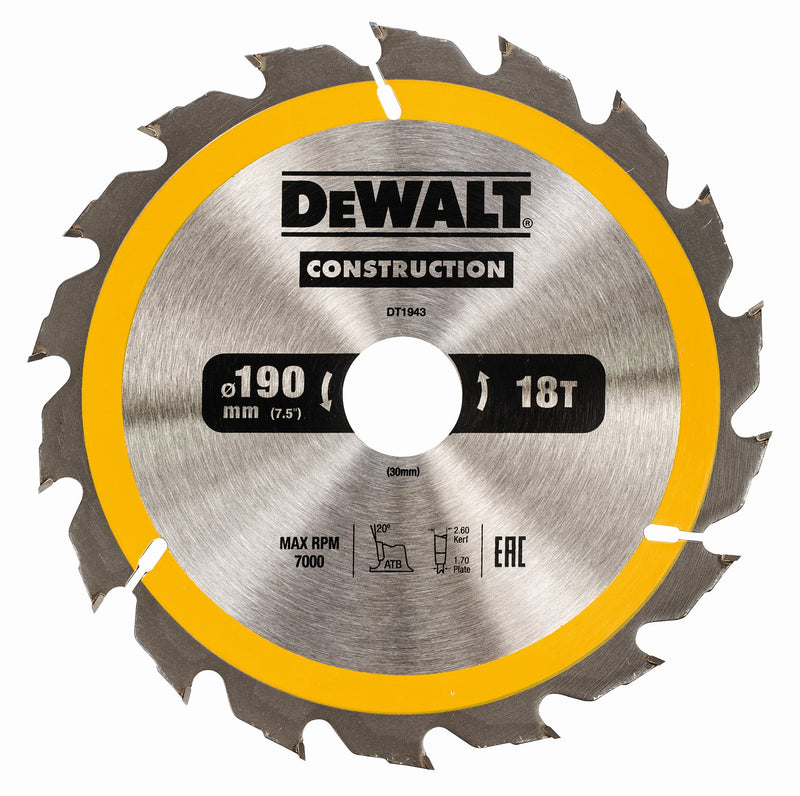 Hoja de sierra circular Dewalt (DT1943-QZ) de 190 mm x 30 mm y 18 dientes