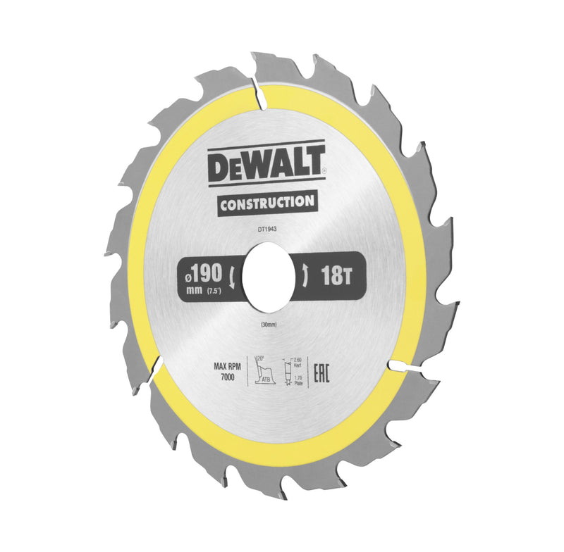 Hoja de sierra circular Dewalt (DT1943-QZ) de 190 mm x 30 mm y 18 dientes