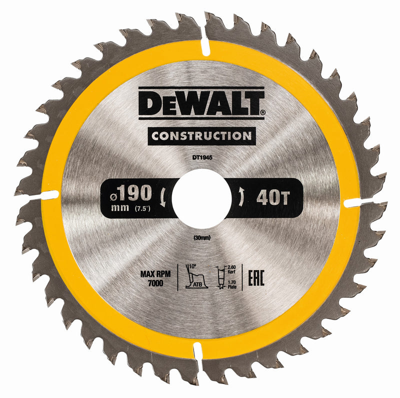 Hoja de sierra circular Dewalt (DT1945-QZ) de 190 mm x 30 mm y 40 dientes