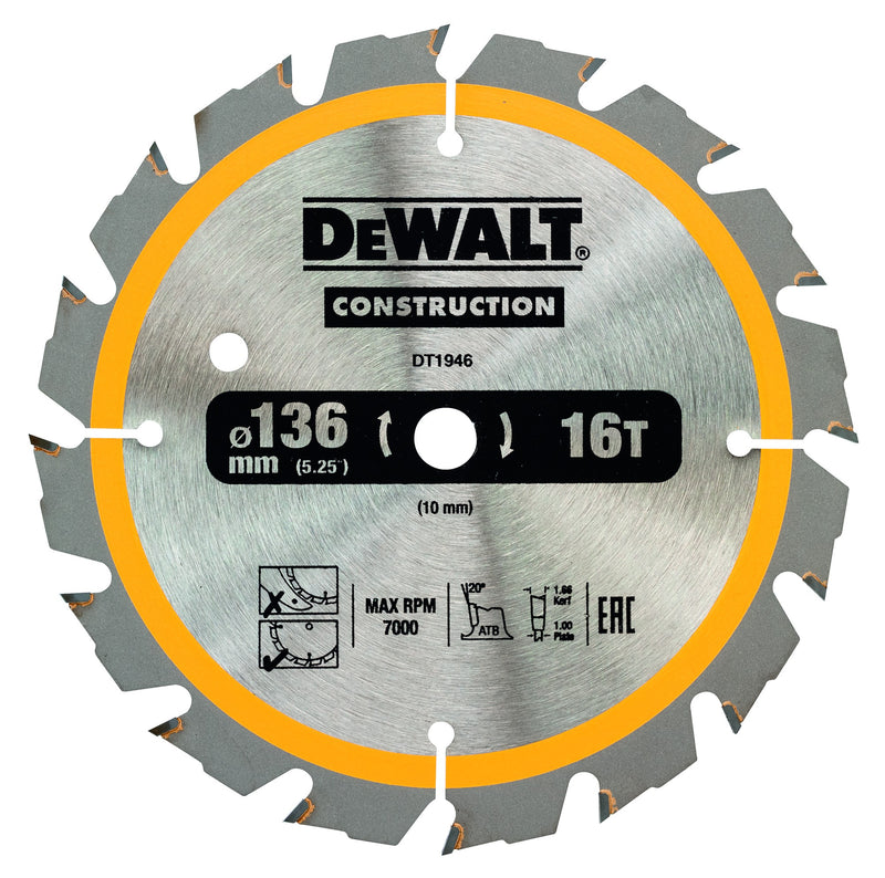 Hoja de sierra circular Dewalt (DT1946-QZ) de 136 mm x 10 mm y 16 dientes