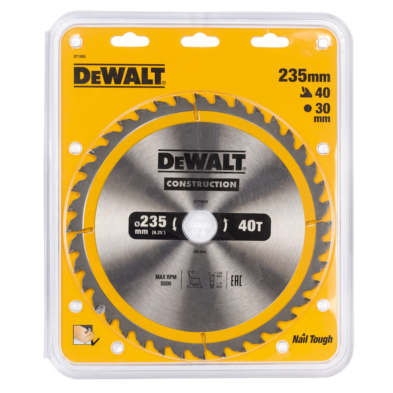 Hoja de sierra circular de construcción Dewalt (DT1955-QZ) de 235 mm x 30 mm y 40 dientes