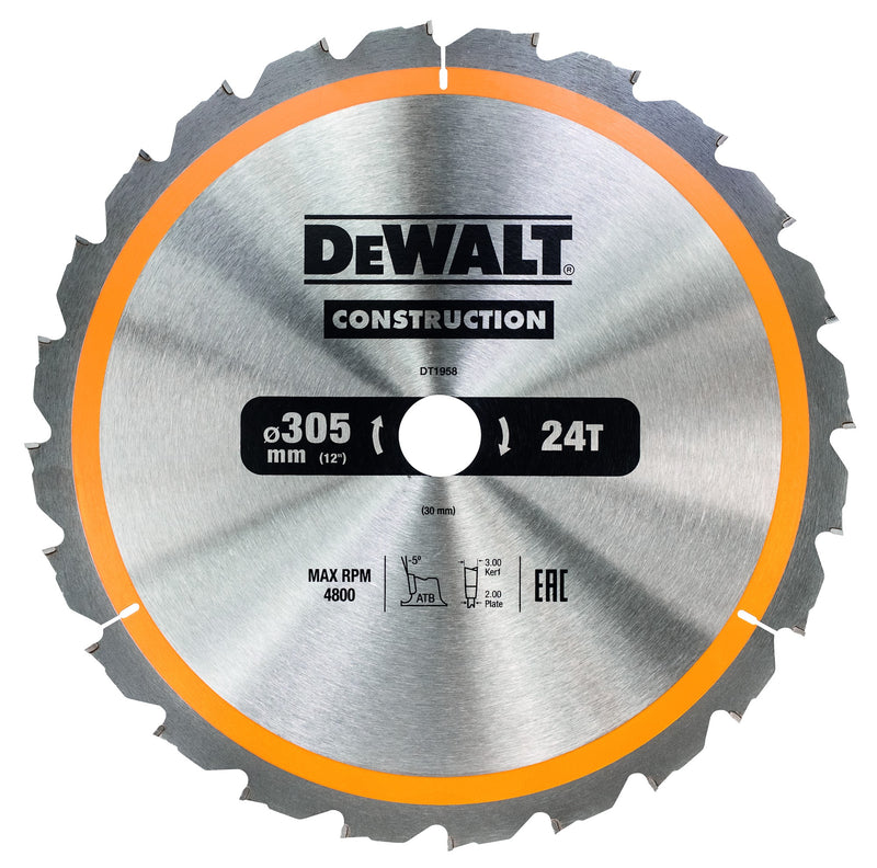 Hoja de sierra circular de construcción Dewalt (DT1958-QZ) de 305 mm x 30 mm y 24 dientes