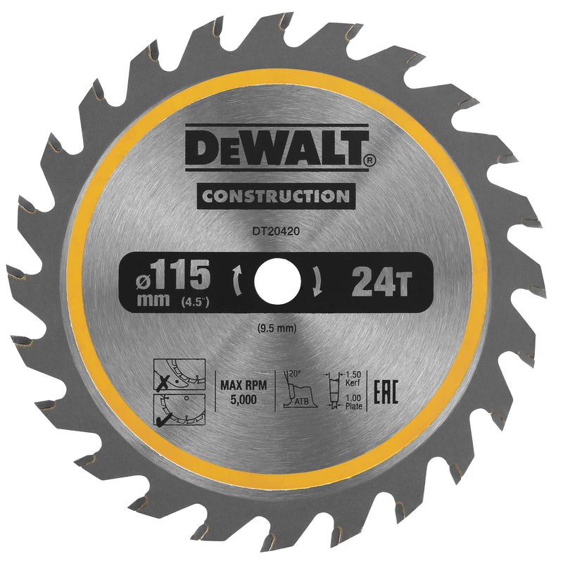 Hoja de sierra circular de construcción Dewalt (DT20420-QZ) de 115 mm x 9,5 mm y 24 dientes