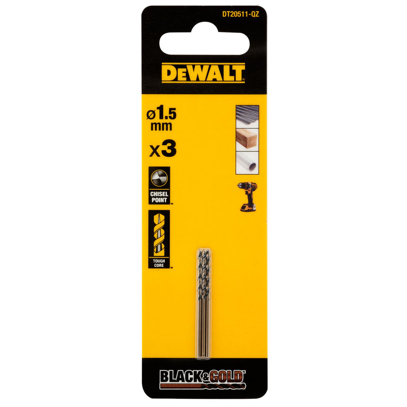 Dewalt (DT20511-QZ) BLACK & GOLD 1.5mm HSS Drill Bit (3 Pk)