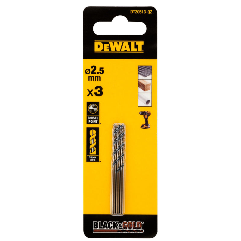 Dewalt (DT20513-QZ) BLACK & GOLD 2.5mm HSS Drill Bit (3 Pk)