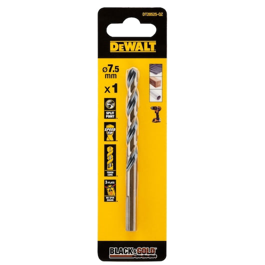 Broca Dewalt (DT20525-QZ) PRETA E DOURADA de 7,5 mm em aço rápido (HSS)