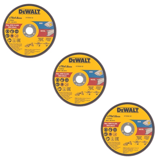 Disco de corte abrasivo com liga de aço inoxidável Dewalt (DT20592-QZ) 76 mm x 1 mm x 10 mm (3 unidades)