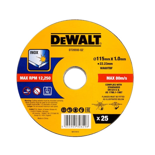 Dewalt (DT20593-QZ) Pacote com 25 discos abrasivos para corte de metal de 115 mm.