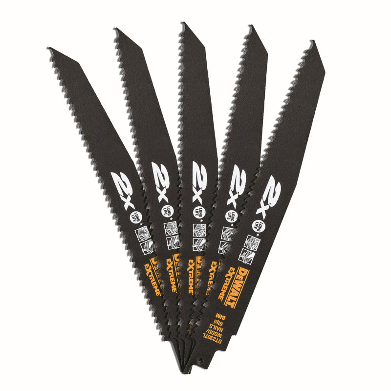 Dewalt (DT2307L-QZ) EXTREME 28mm 6TPI Demolition Wood and Nails Bi-Metal Reciprocating Blades (5 Pk)