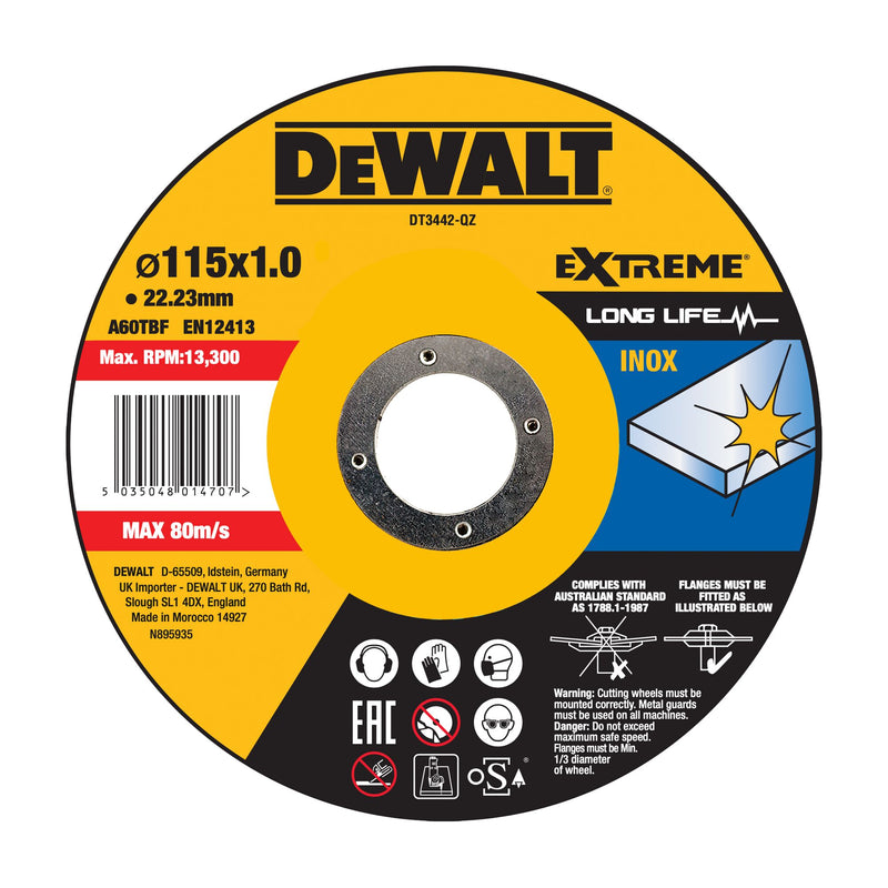 Disco de corte abrasivo aglomerado Dewalt (DT3442-QZ) EXTREME, 115 mm x 1 mm x 22,23 mm, tipo 41, em aço inoxidável.