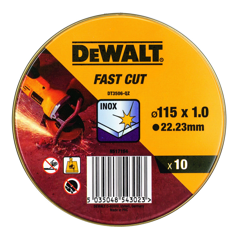 Disco de corte abrasivo aglomerado Dewalt (DT3506-QZ) de 115 mm x 1 mm x 22,23 mm (10 unidades)