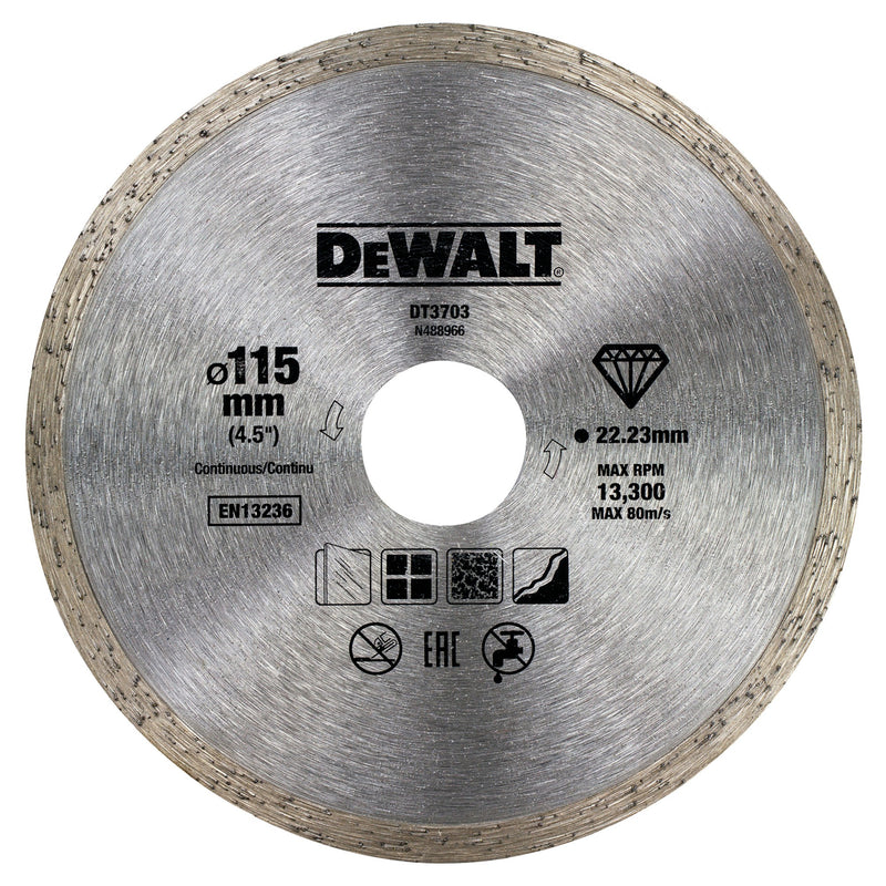 Dewalt (DT3703-QZ) Disco diamantado contínuo de alto desempenho para cerâmica/azulejos de 115 mm x 22,23 mm x 1,6 mm