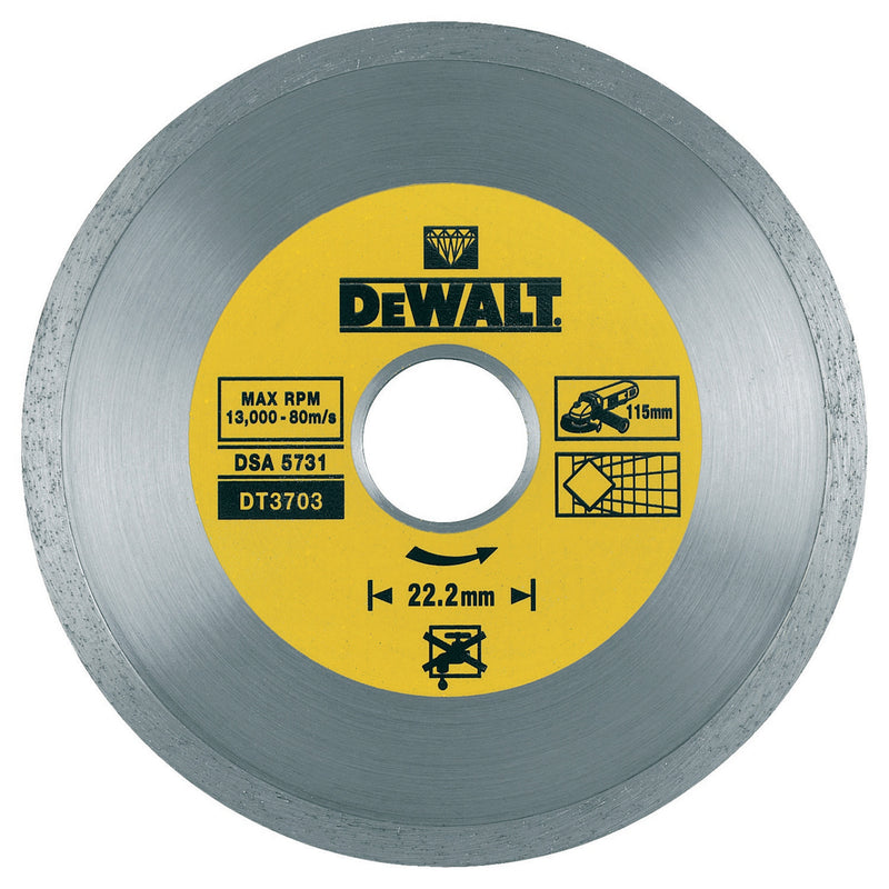 Dewalt (DT3703-QZ) Disco diamantado contínuo de alto desempenho para cerâmica/azulejos de 115 mm x 22,23 mm x 1,6 mm