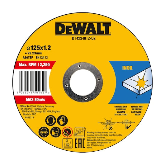 Disco de corte abrasivo de aço inoxidável Dewalt (DT42340TZ-QZ) 125 mm x 1,2 mm x 22,23 mm (10 unidades)