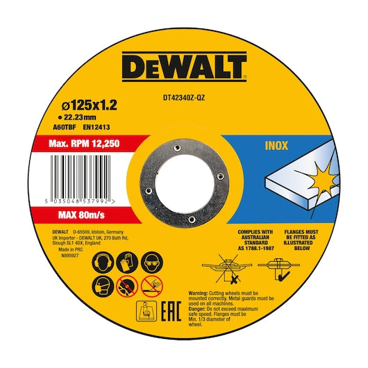 Disco de corte abrasivo de aço inoxidável Dewalt (DT42340Z-QZ) 125 mm x 1,2 mm x 22,23 mm