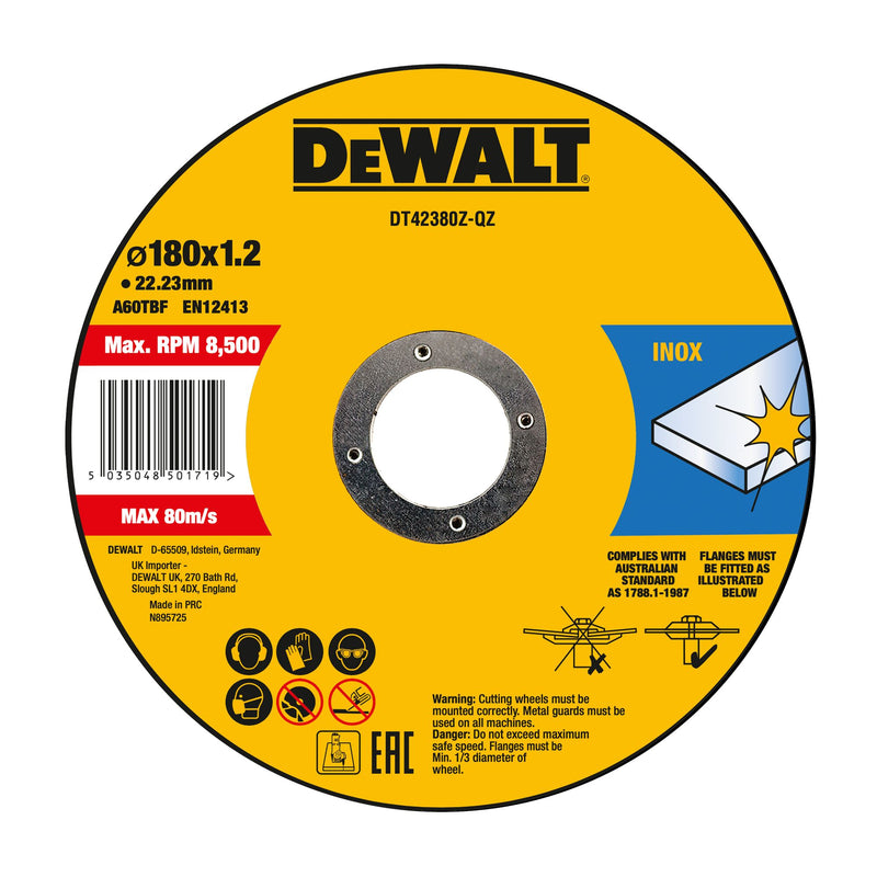 Disco de corte abrasivo em aço inoxidável Dewalt (DT42380Z-QZ) 180 mm x 1,6 mm x 22,23 mm