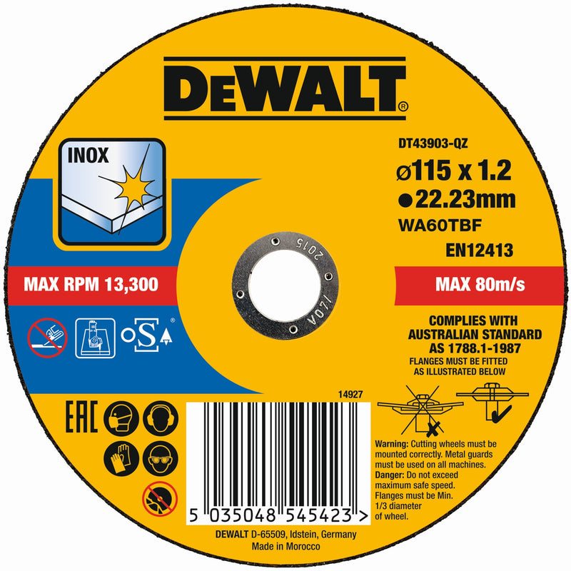 Disco de corte abrasivo em aço inoxidável Dewalt (DT43903-QZ) EXTREME, 115 mm x 1,2 mm x 22,23 mm
