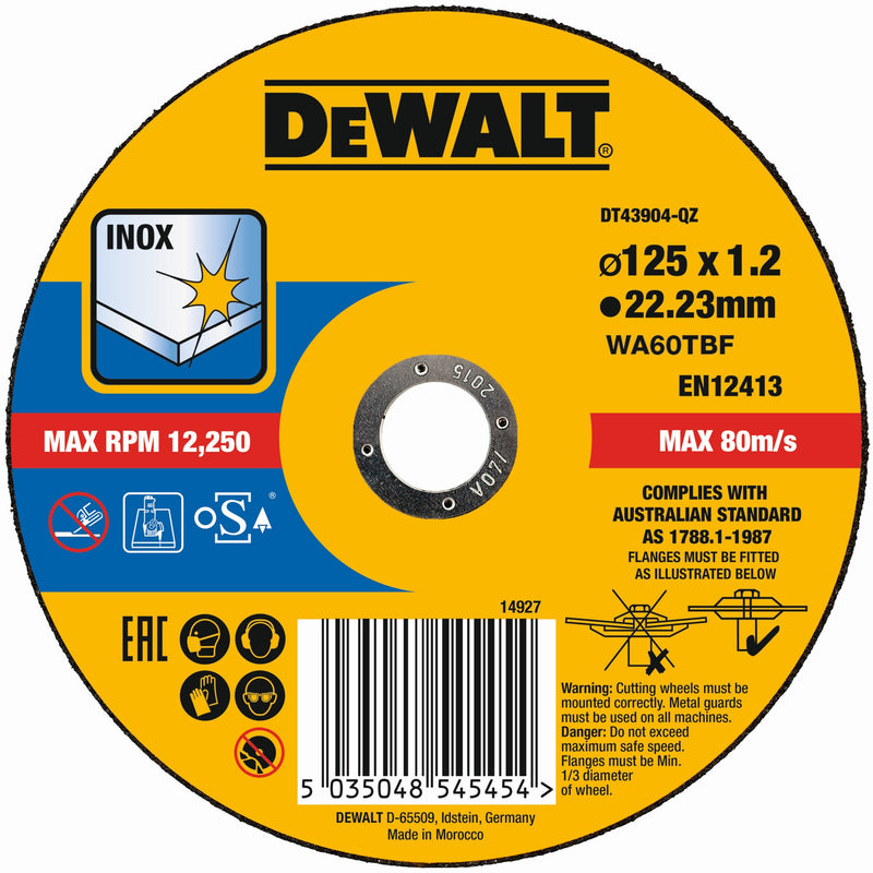 Disco de corte abrasivo em aço inoxidável Dewalt (DT43904-QZ) EXTREME, 125 mm x 1,2 mm x 22,23 mm
