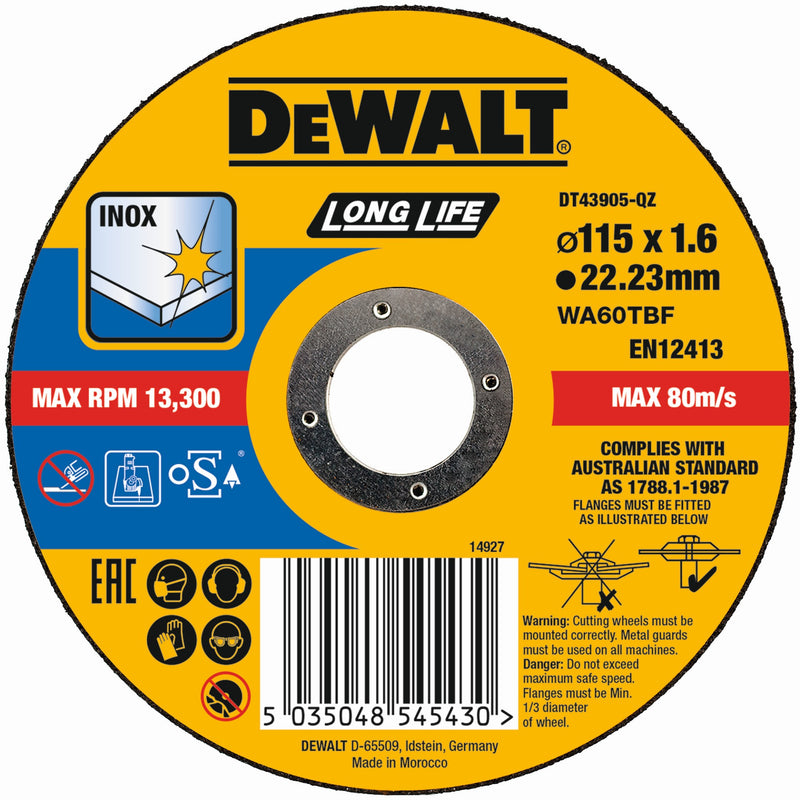 Disco de corte abrasivo em aço inoxidável Dewalt (DT43905-QZ) EXTREME, 115 mm x 1,6 mm x 22,23 mm