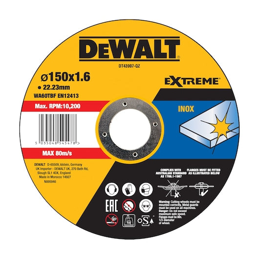 Disco de corte abrasivo de aço inoxidável Dewalt (DT43907-QZ) EXTREME® 150 mm x 1,6 mm x 22,23 mm