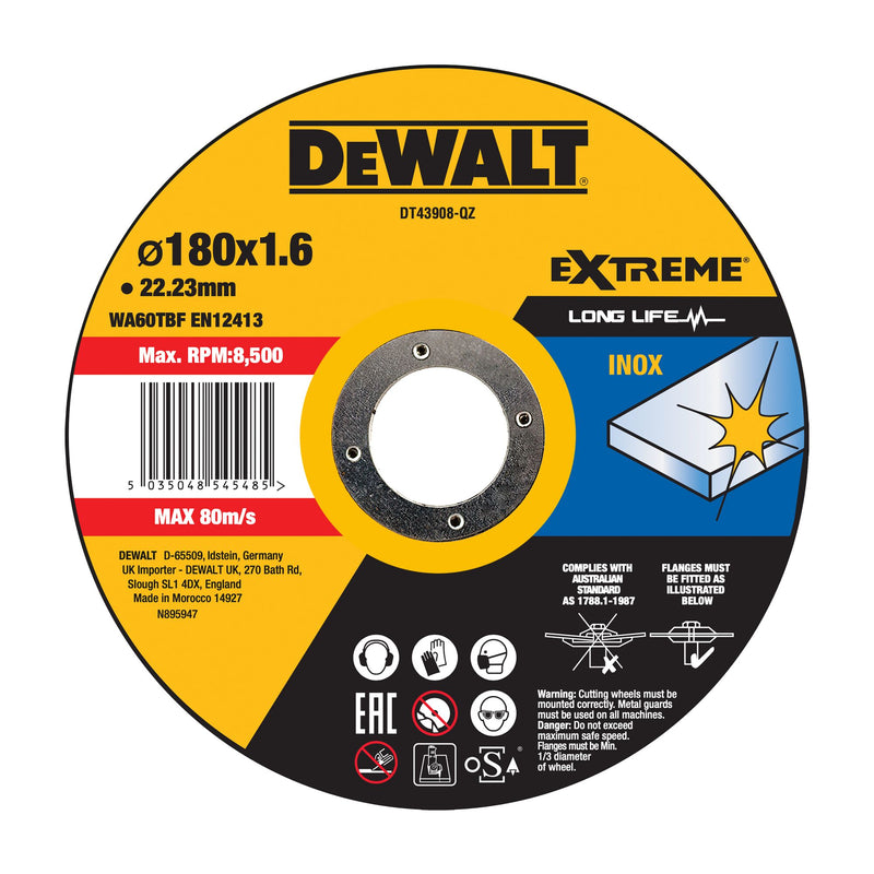 Disco de corte abrasivo aglomerado de acero inoxidable Dewalt (DT43908-QZ) EXTREME de 180 mm x 1,6 mm x 22,23 mm