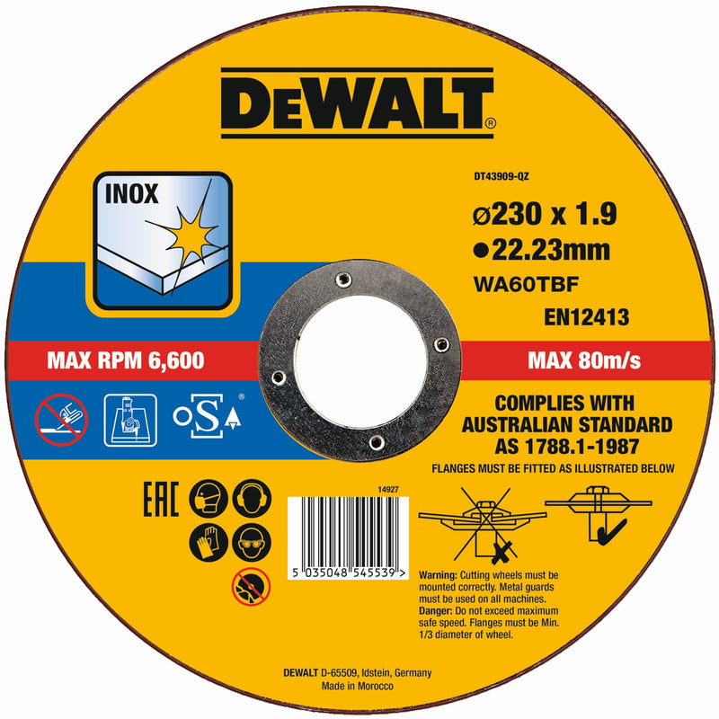 Disco de corte abrasivo em aço inoxidável Dewalt (DT43909-QZ) EXTREME 230 mm x 2 mm x 22,23 mm