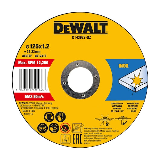 Disco de corte fino de alto desempenho Dewalt (DT43922-QZ) 125 mm x 1,2 mm x 22,23 mm (10 unidades)