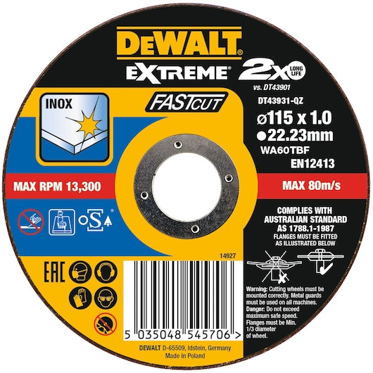 Disco de corte fino e rápido Extreme® da Dewalt (DT43931-QZ), com revestimento, dimensões de 115 mm x 1,0 mm x 22,23 mm.