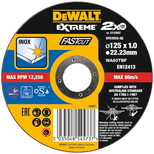 Disco de corte fino e rápido Dewalt (DT43932-QZ) EXTREME® BONDED DISC 125 mm x 1,0 mm x 22,23 mm
