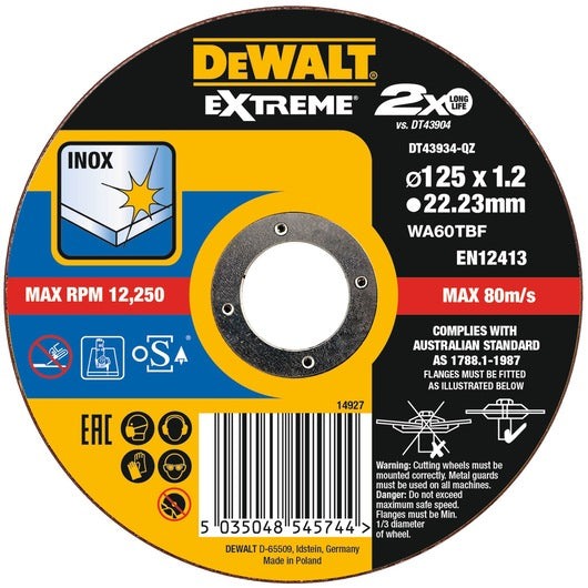 Disco de corte fino Dewalt (DT43934-QZ) EXTREME® BONDED, 125 mm x 1,2 mm x 22,23 mm